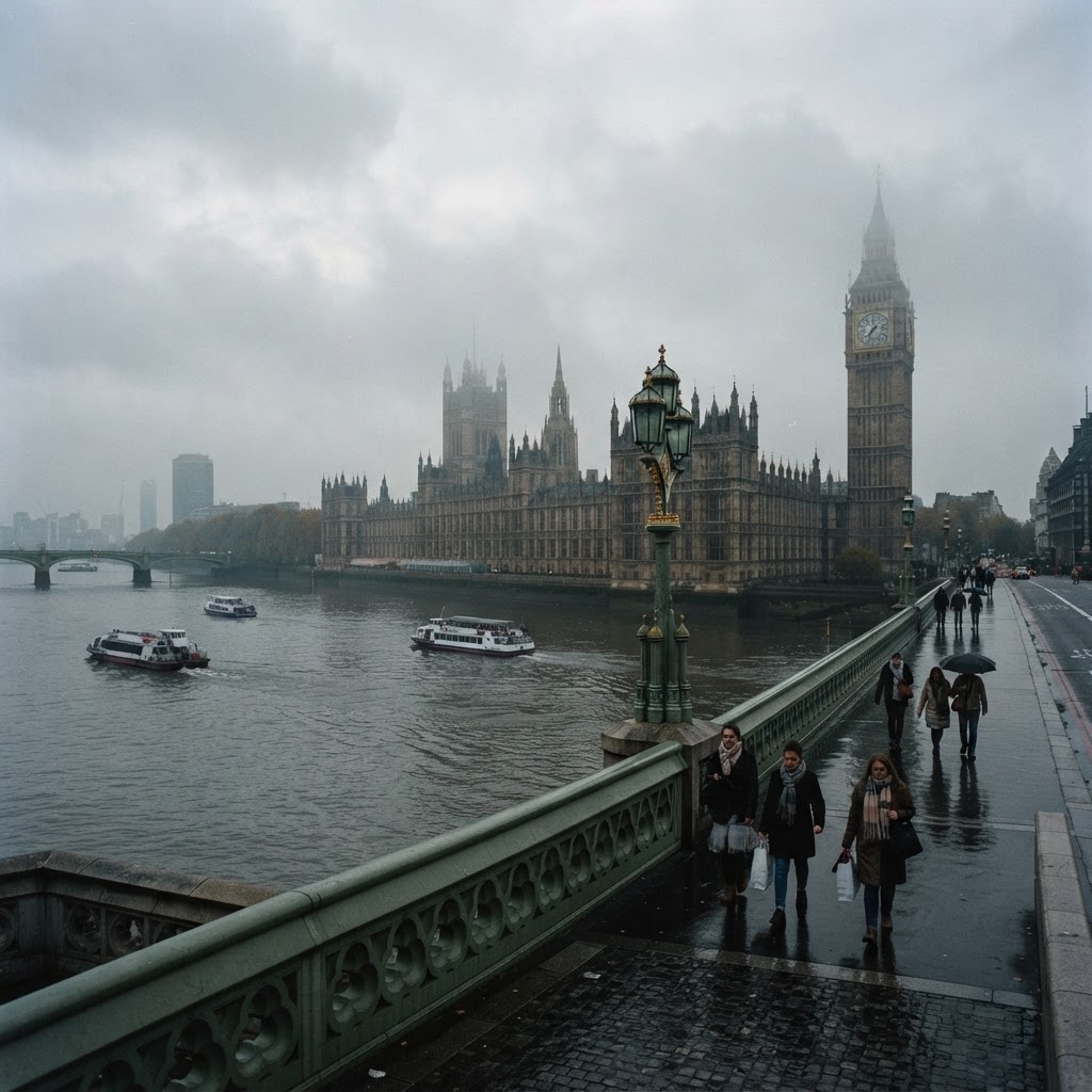 A moody, cinematic view of Big Ben in the autumn mist.