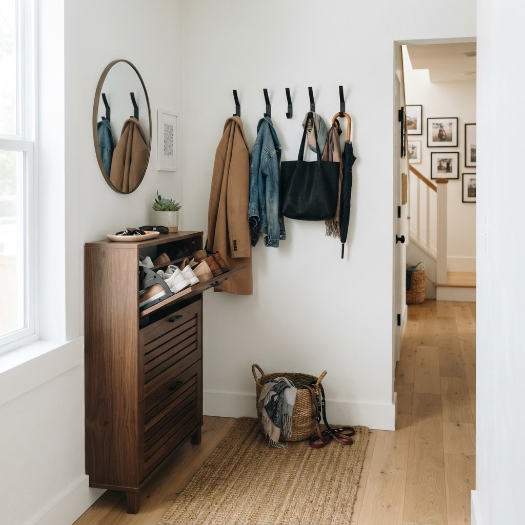 Tilt-out cabinets provide hidden storage for shoes.