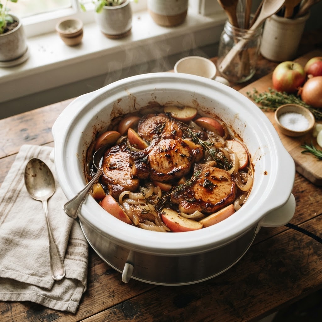 Slow cooker pork chops with apples and onions cooking to perfection.