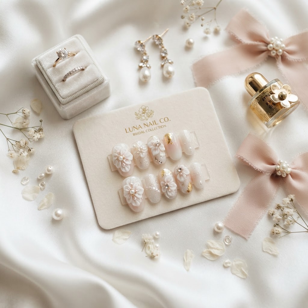 A beautiful, reusable bridal nail set featuring pearls and 3D flowers.