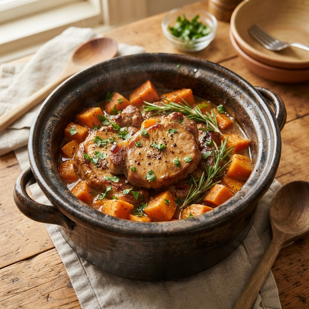 Hearty slow cooker pork chops with sweet potatoes ready to serve.