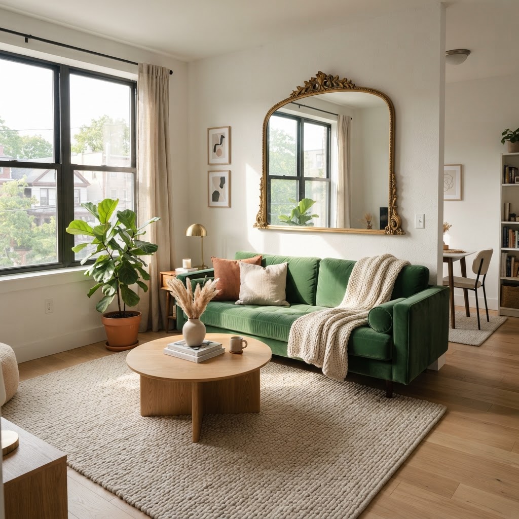 A large mirror instantly expands the visual space of a tiny living room.