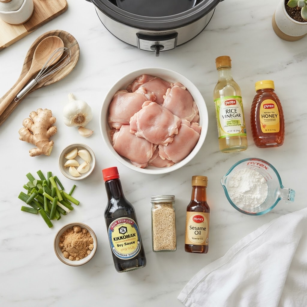 All the fresh ingredients needed for your easy crockpot chicken teriyaki.