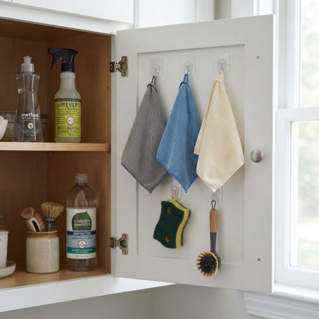Utilize cabinet doors to keep sponges and cloths off the floor.