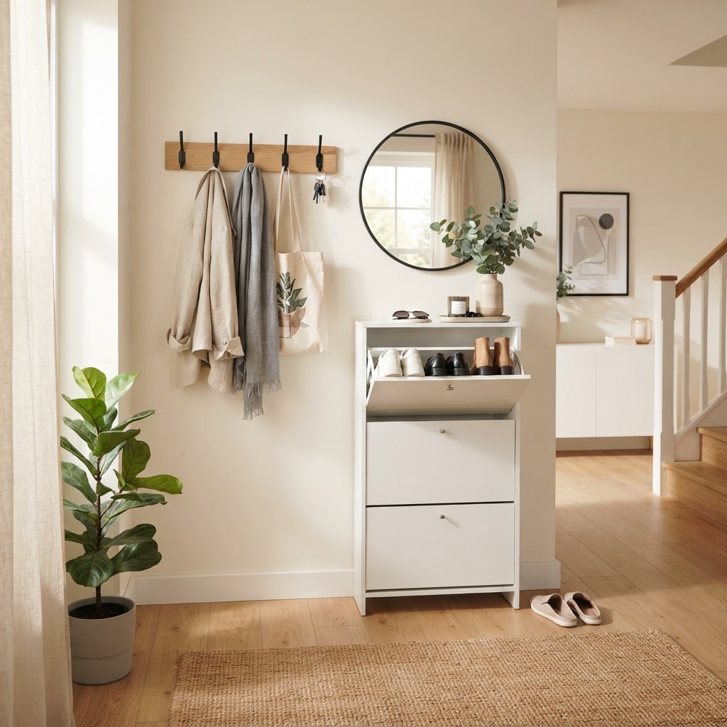 Slim entryway furniture keeps the floor clutter-free.
