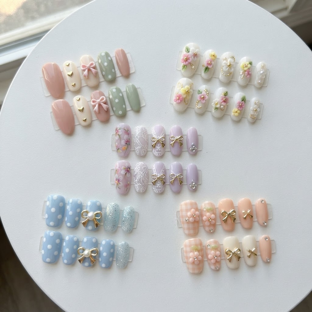 A variety of coquette aesthetic press-on nail sets.