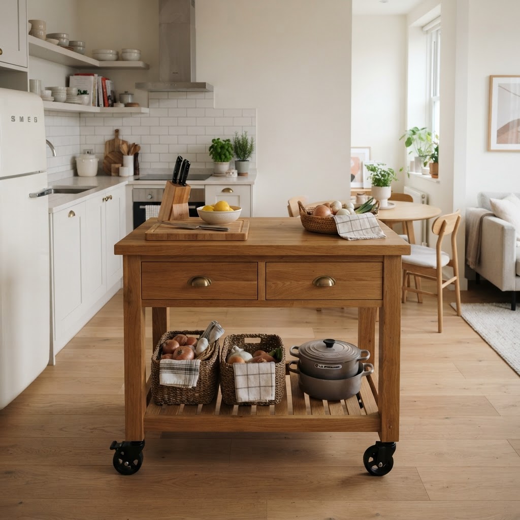 Mobile islands provide extra prep space and storage that can be tucked away.
