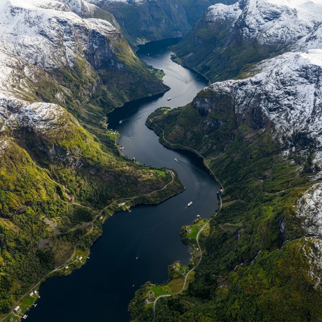 An aerial perspective of the winding, deep-blue waters of a classic Norwegian fjord.