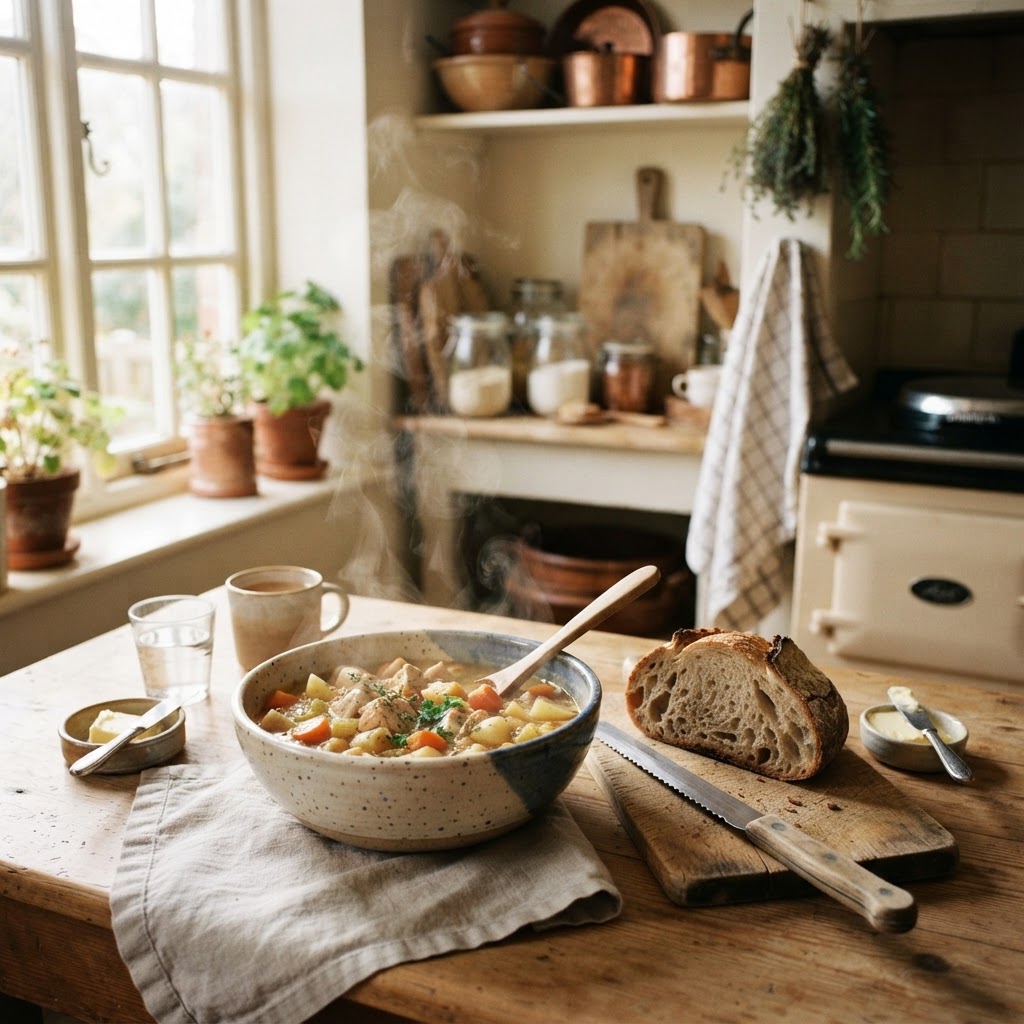 A warm and comforting bowl of chicken stew, perfect for chilly days.
