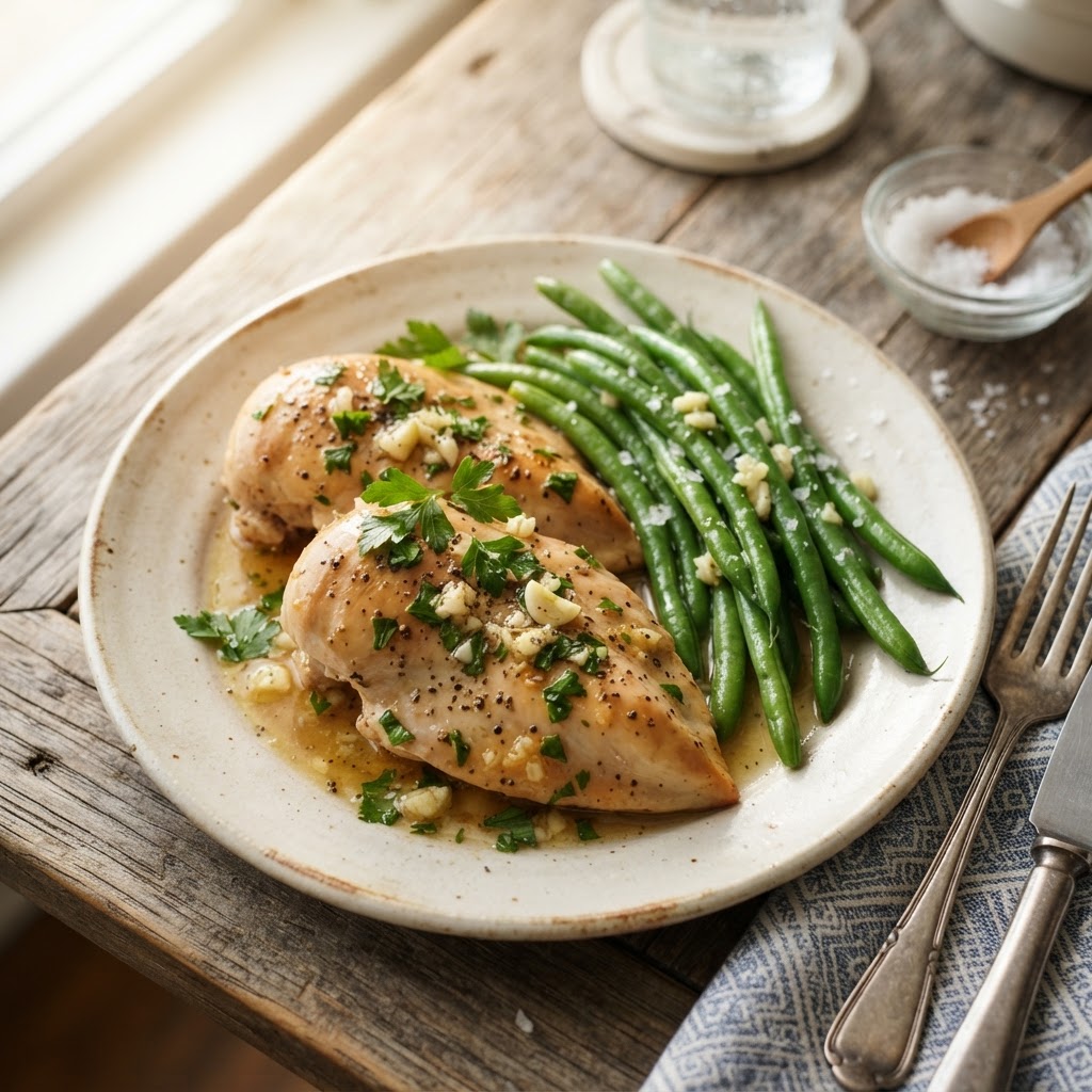 Juicy slow cooker chicken with garlic butter and fresh herbs.