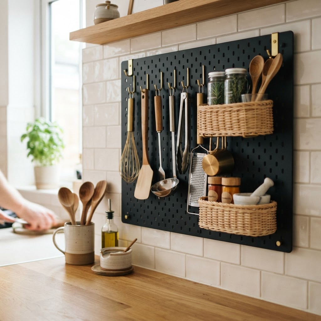 Pegboards offer modular, flexible storage for small kitchens and offices.