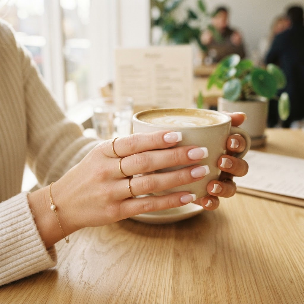 Square french tips provide a sharp, clean-girl aesthetic.