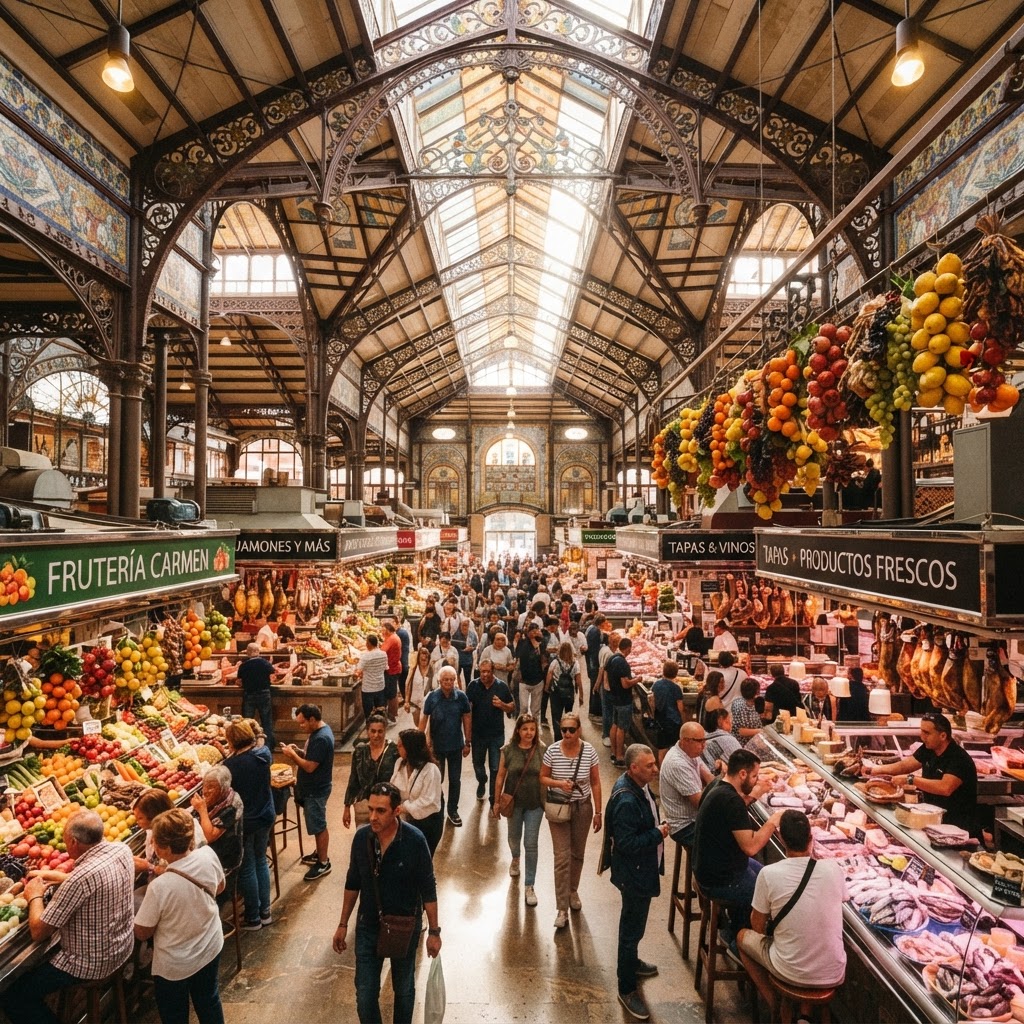 The vibrant atmosphere inside a classic, iron-wrought Spanish market.