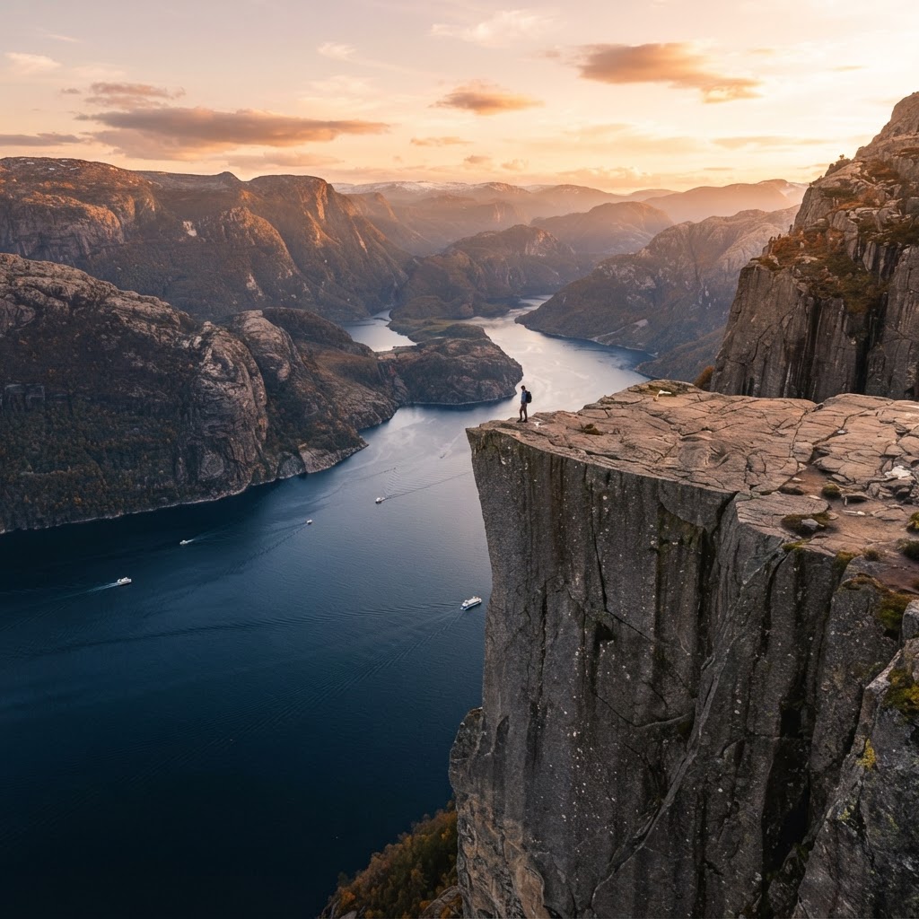 The iconic Preikestolen cliff overlooking the Lysefjord at sunset.