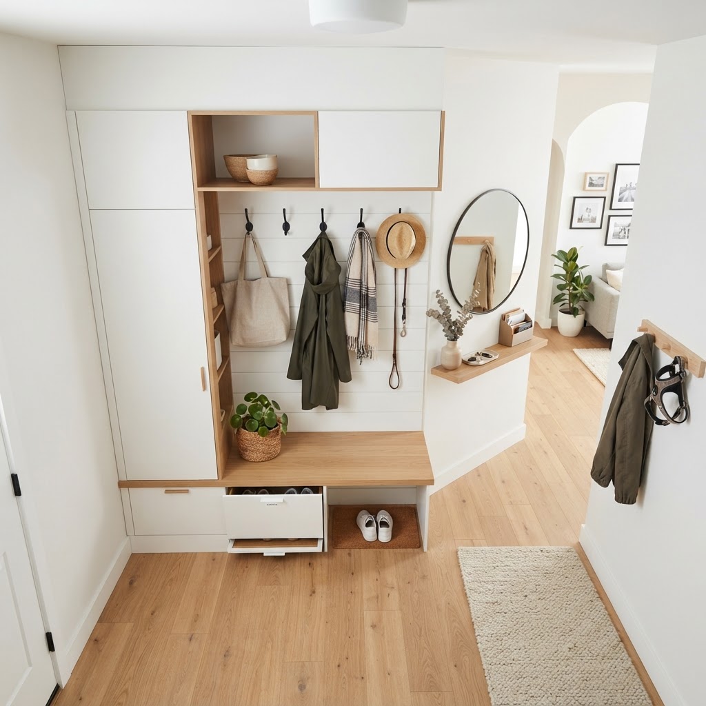 An organized, airy entryway design that perfectly blends storage and style.