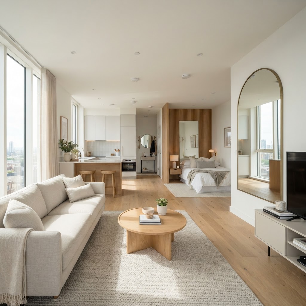 Mirrors and consistent palettes open up the room.