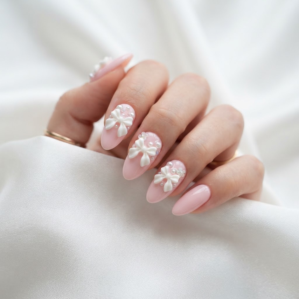 Soft pink coquette nails with 3D bows and pearls.