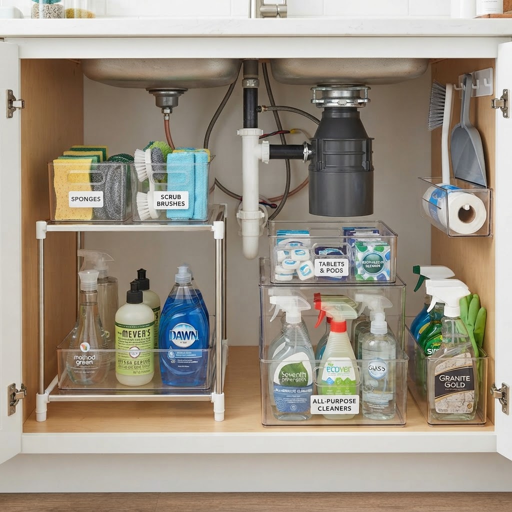 Clear bins and shelf risers turn a messy under-sink area into an organized storage zone.