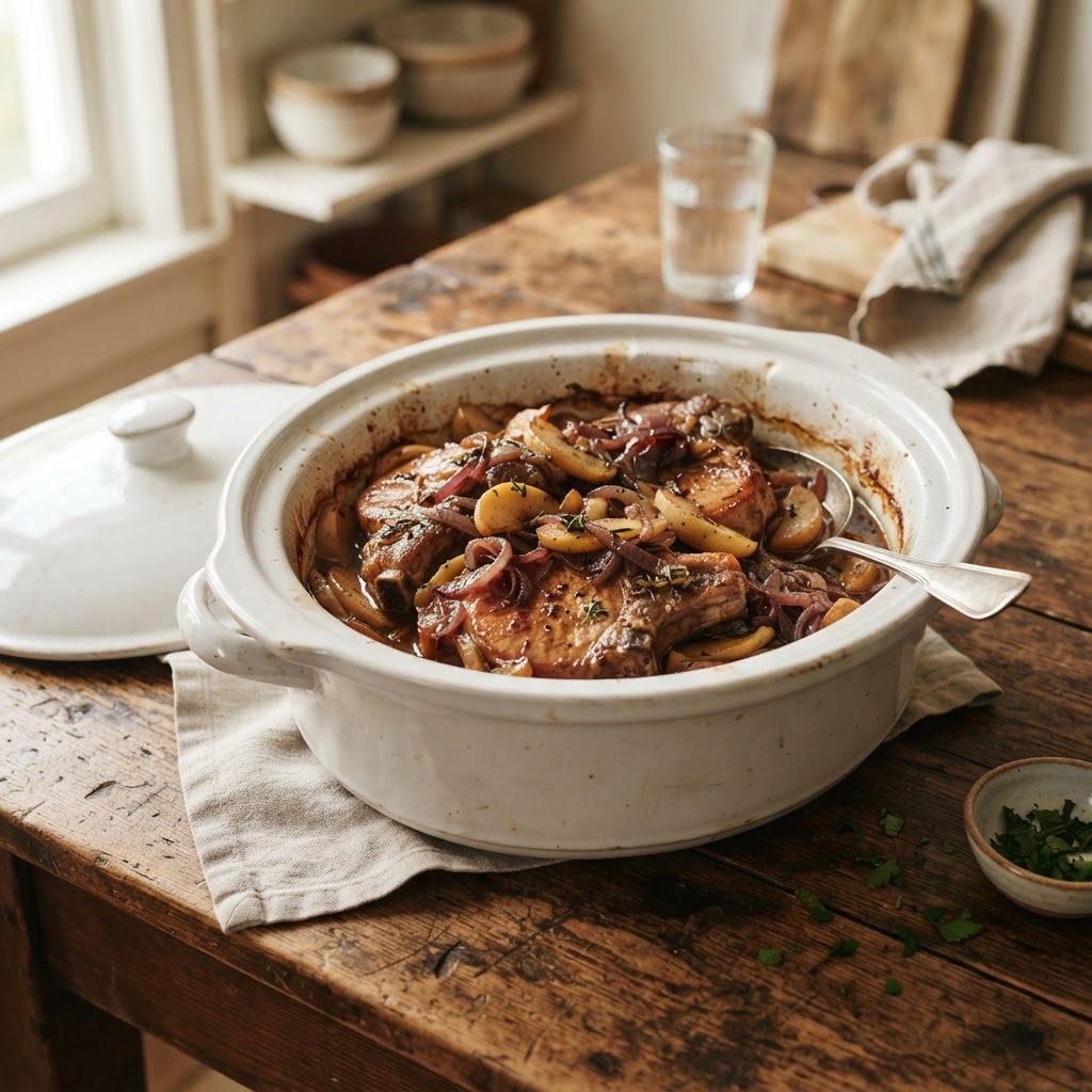 Slow cooker pork chops cooked to perfection with apples and onions.