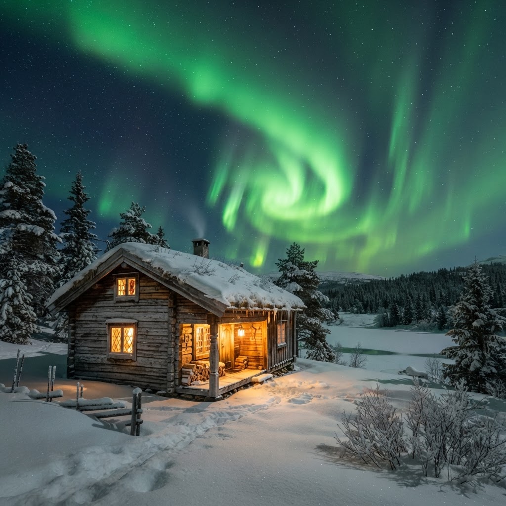 A peaceful Arctic winter night under the dancing green lights.
