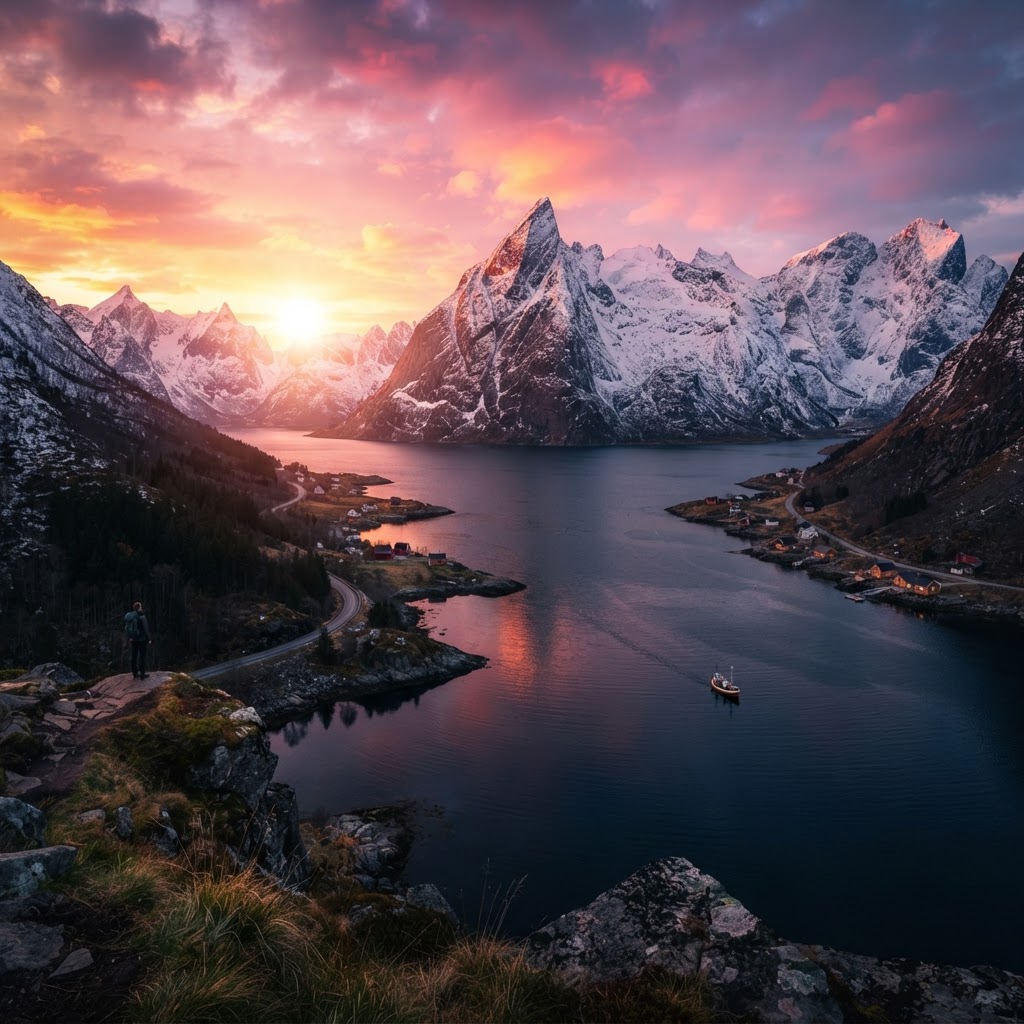 The breathtaking sunset over the fjords in the Norwegian Alps.