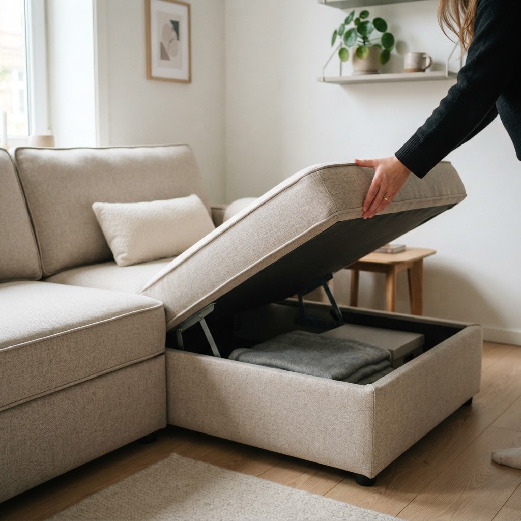 Hidden storage compartments are a must for small apartment living.