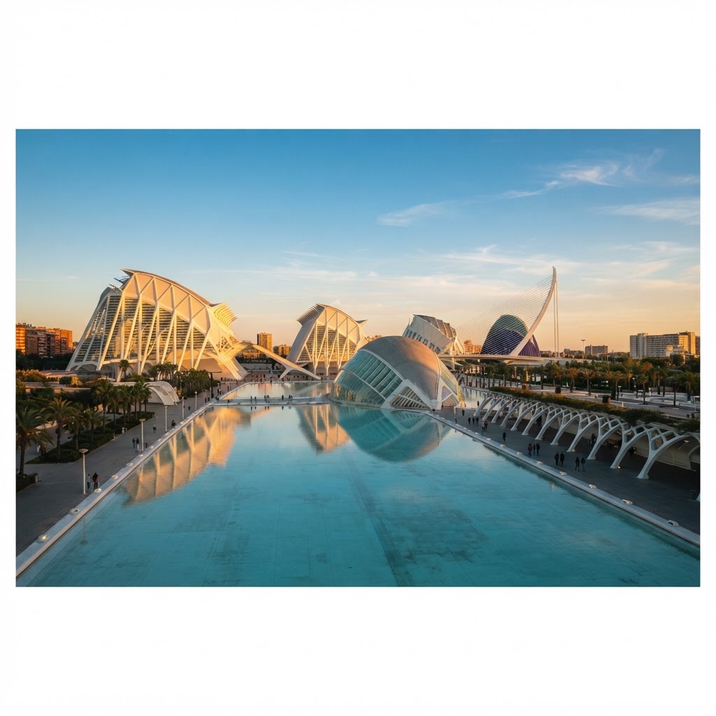 The futuristic architecture of the City of Arts and Sciences glows during golden hour.