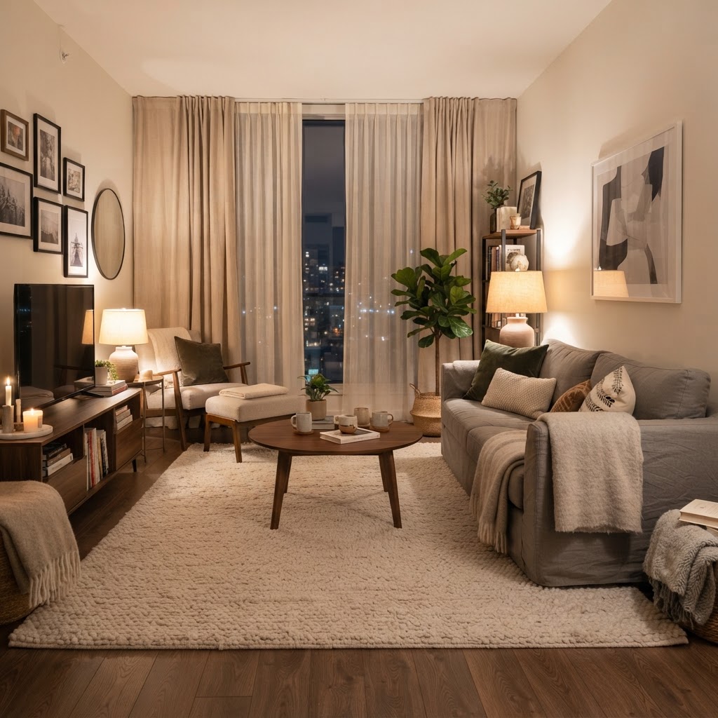 Warm, layered lighting and soft textiles can turn any room into a cozy retreat.