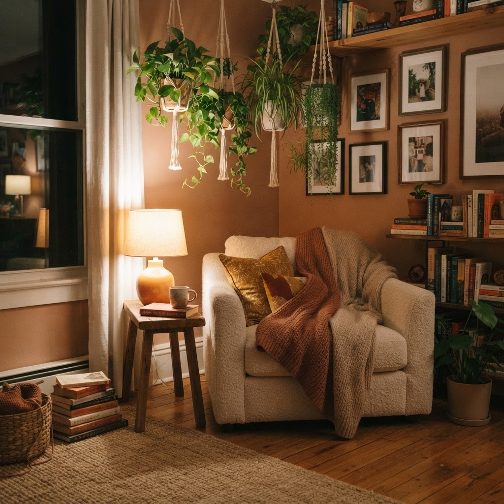 A serene reading corner defined by soft ambient lighting and lush foliage.