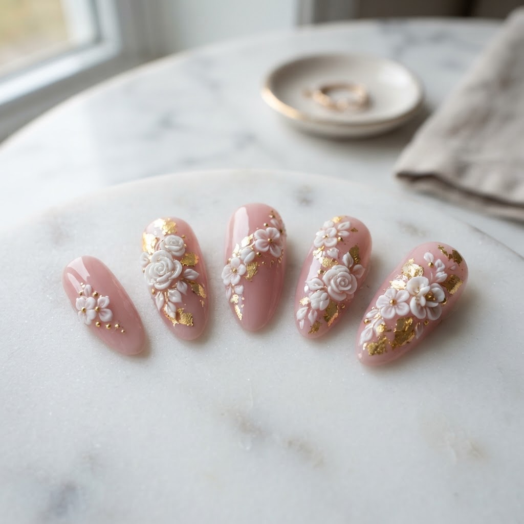Luxury pink floral press-ons with 3d details.