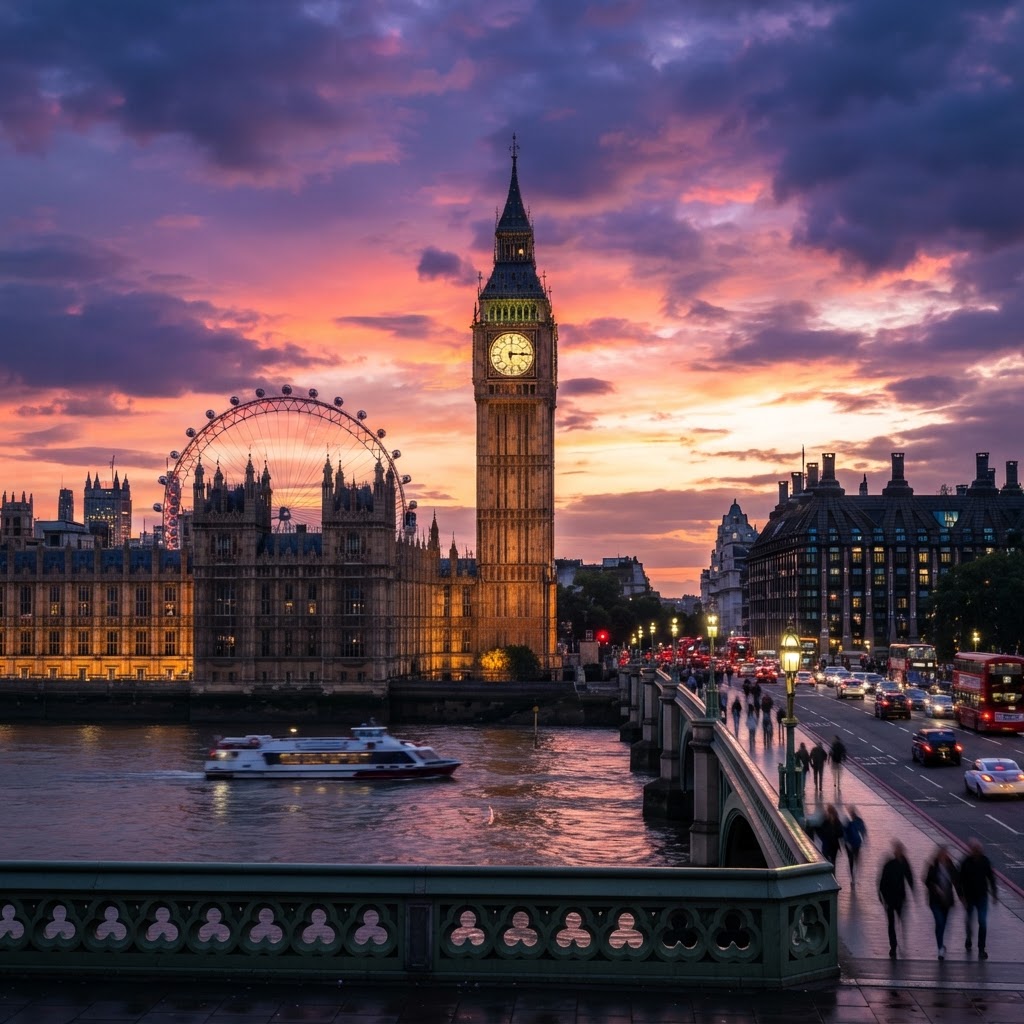 A distant, compressed view of Big Ben from Waterloo Bridge.