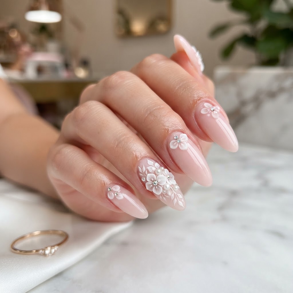 Delicate 3d flower art on a soft pink almond base.