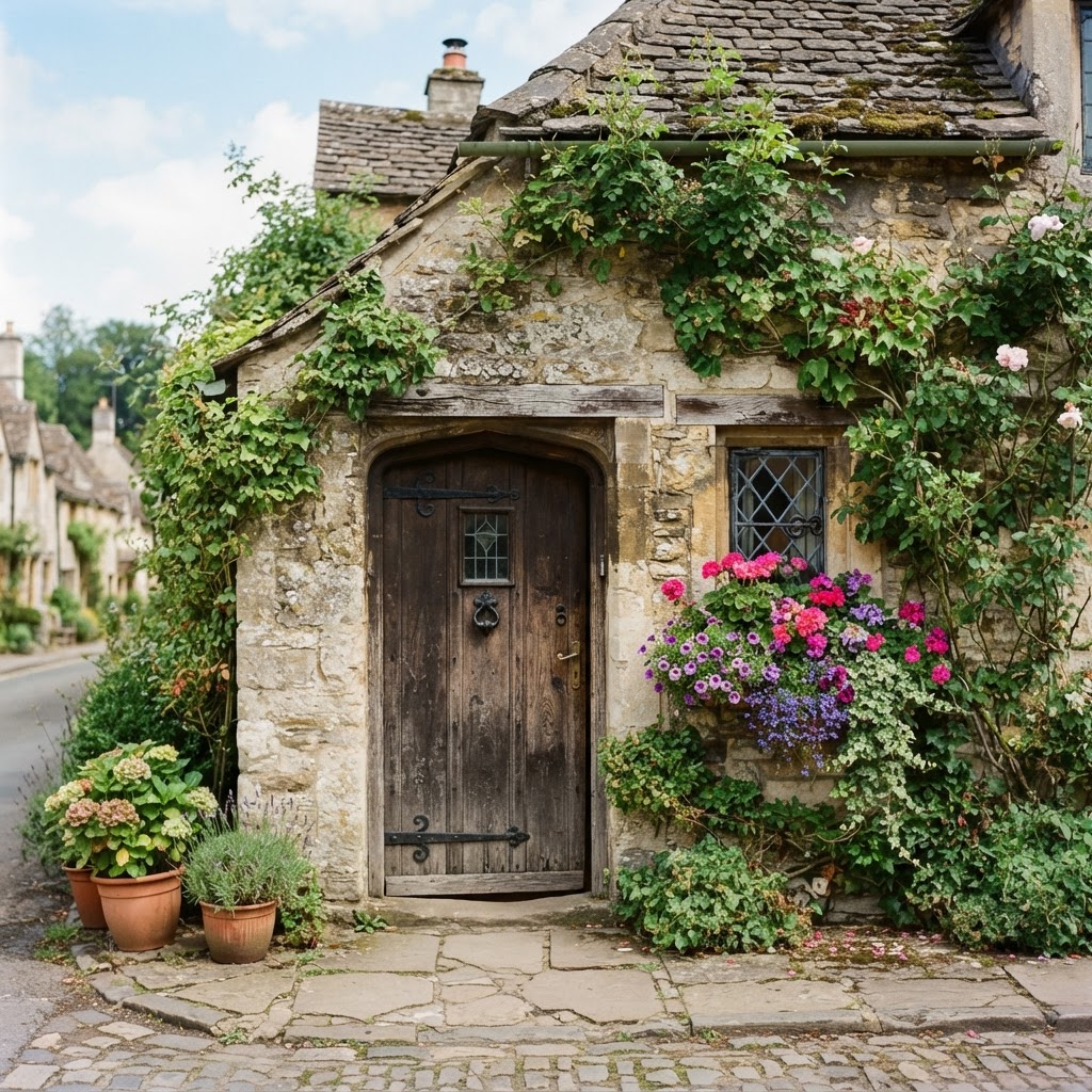 Charming historic cottages adorned with seasonal flowers.