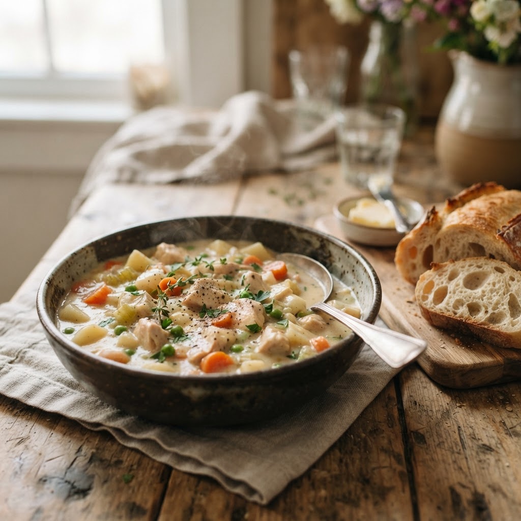 Comforting chicken stew made in a slow cooker with fresh bread.