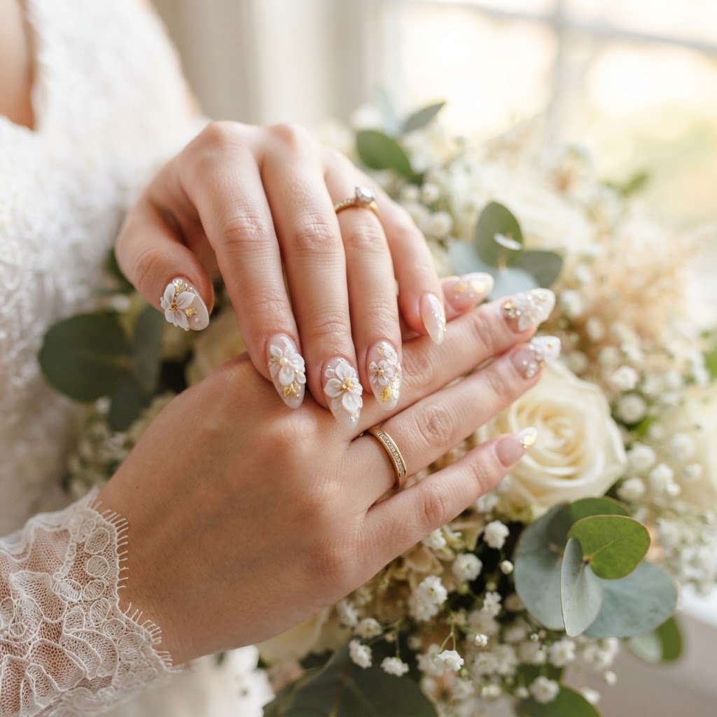 Elegant almond-shaped press-on nails with 3D floral detailing.
