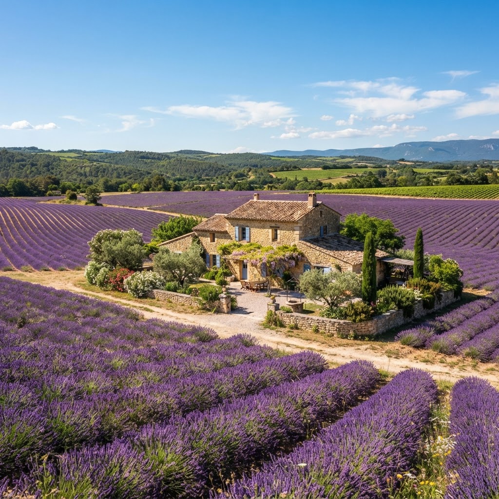 Classic Provençal stone architecture blends perfectly with the surrounding violet fields.