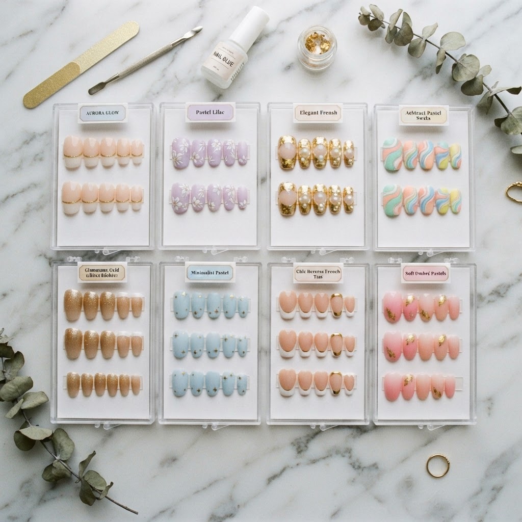 A variety of stylish French tip press-on nail designs.