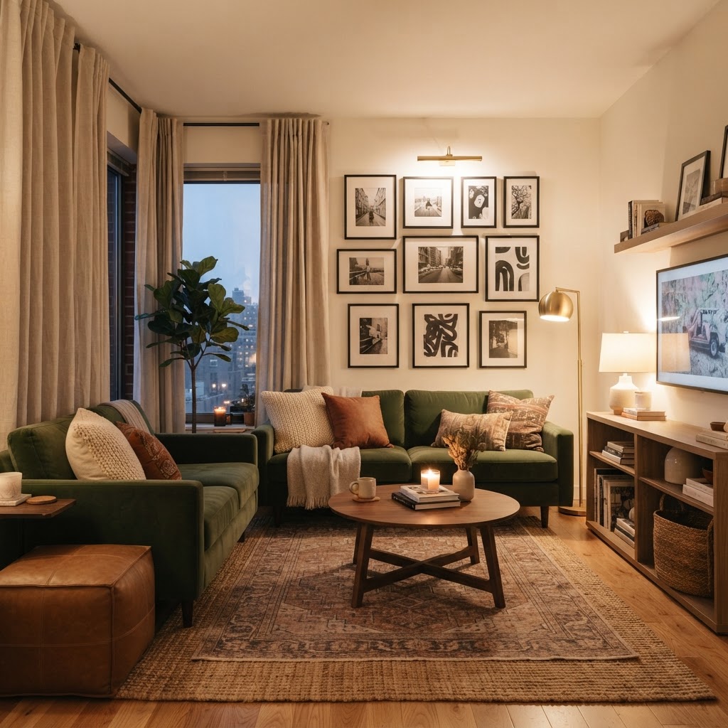 Soft, warm lighting and tall curtains make a small space feel much larger and more expensive.