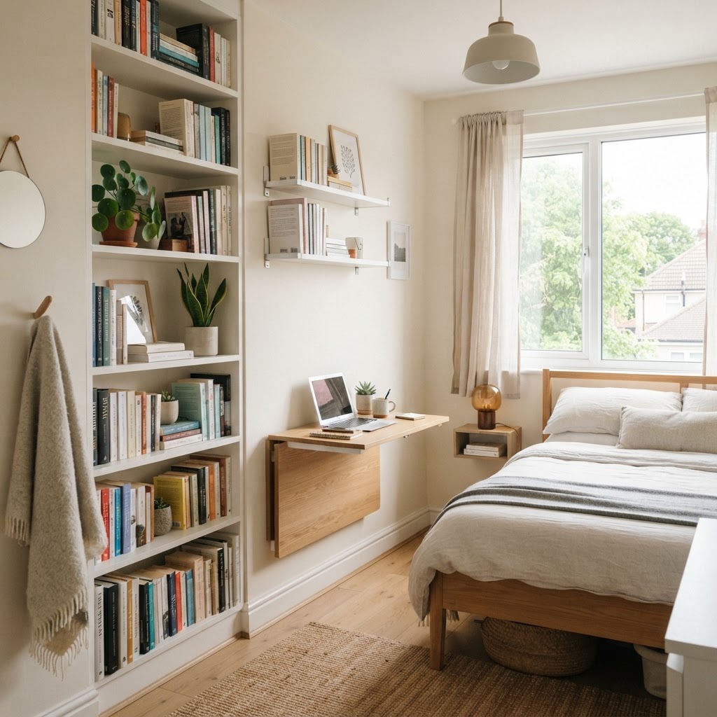 Utilize vertical walls to keep your small room organized.