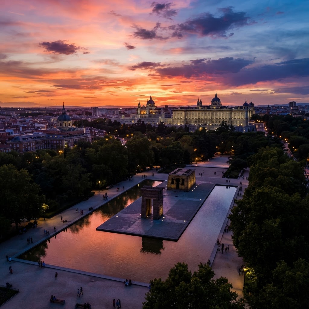 Sunset Over the Rooftops of Madrid: A Guide to the Best Views 4 The iconic Templo de Debod at sunset.