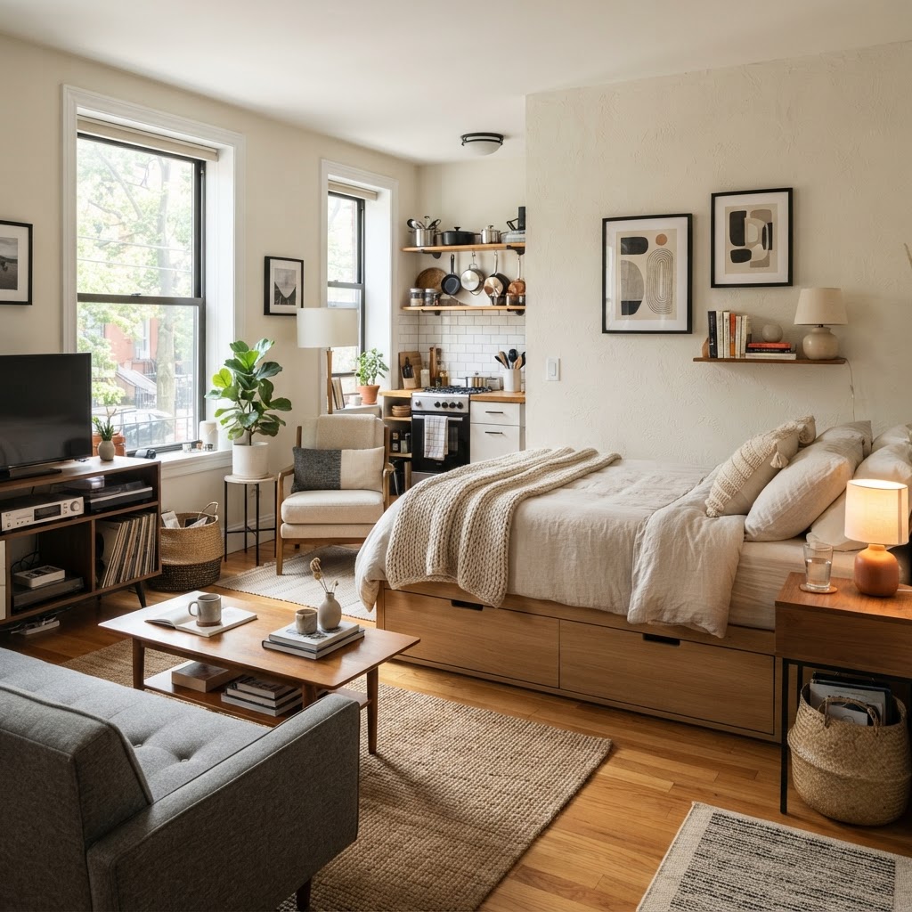 Utilize every inch, including under-bed storage, to keep your studio clutter-free.