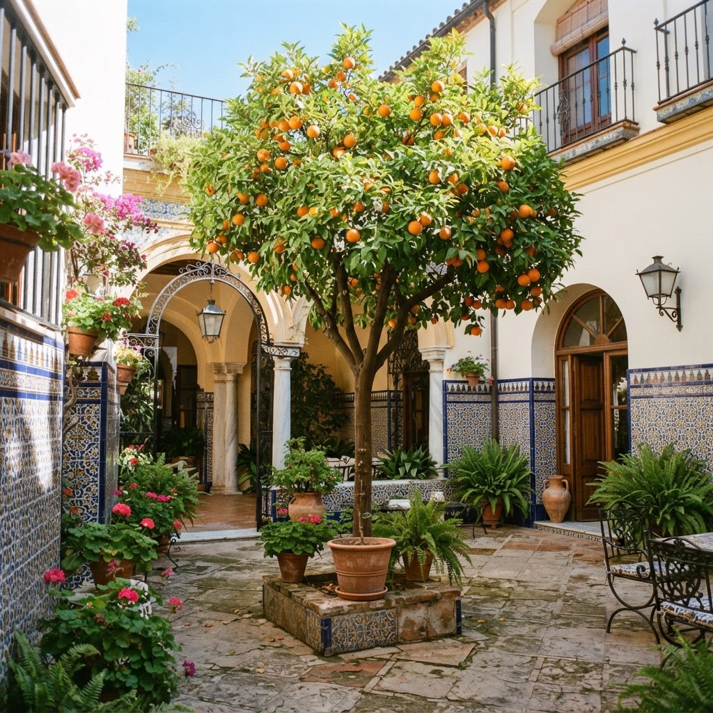 A traditional Seville courtyard showcasing the iconic pairing of citrus and ceramics.