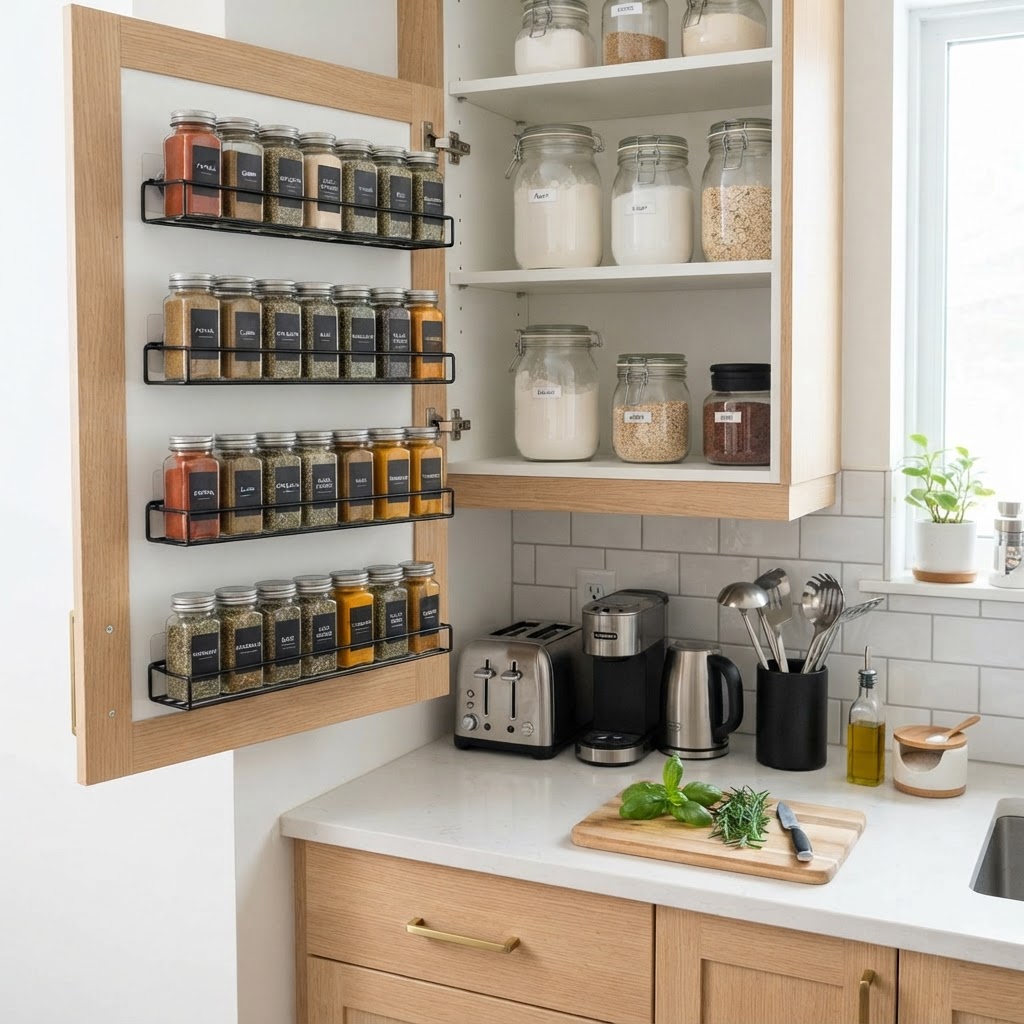 Cabinet door storage is one of the most effective small-space organization hacks for the kitchen.