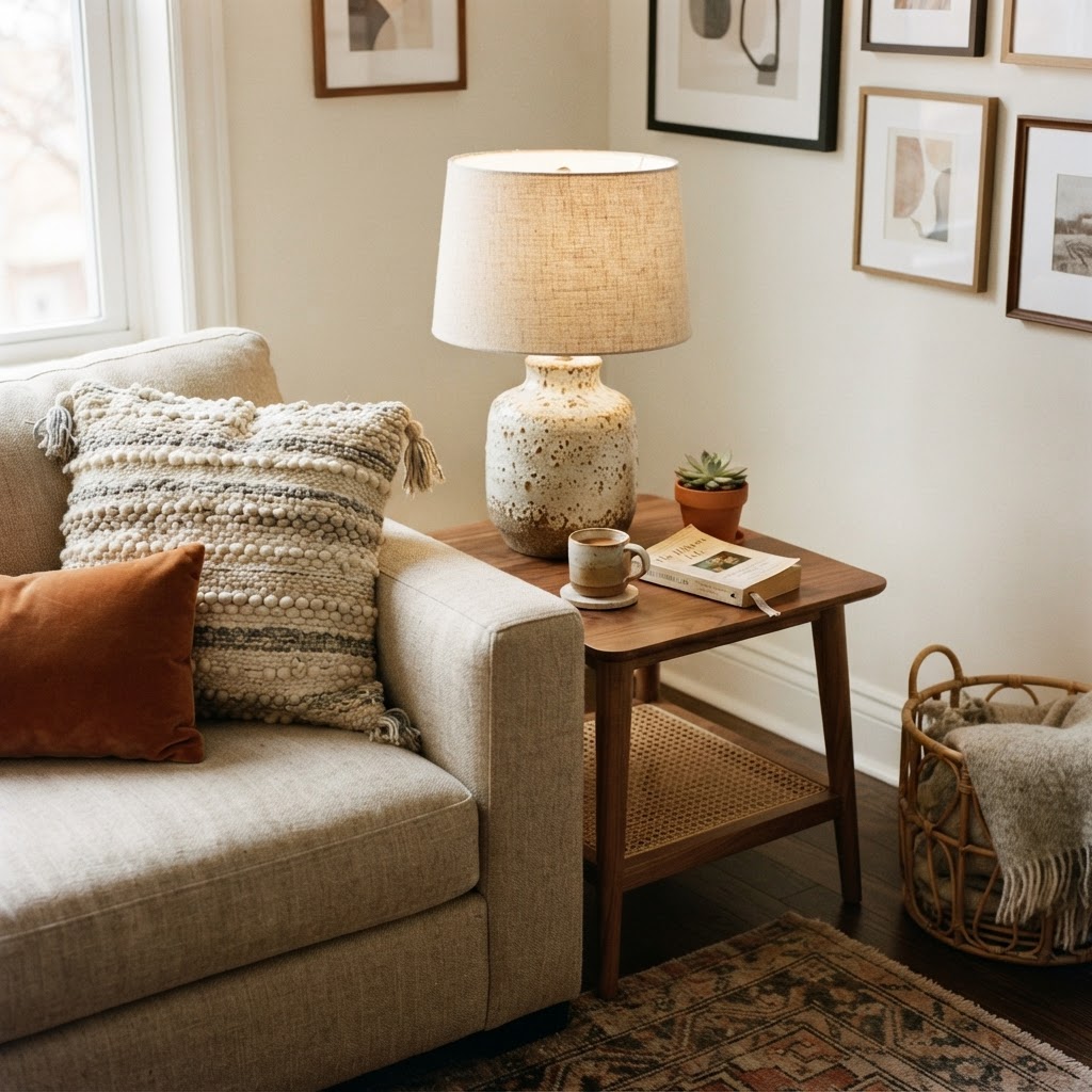 Small details like lighting and textures add warmth to a tiny living space.