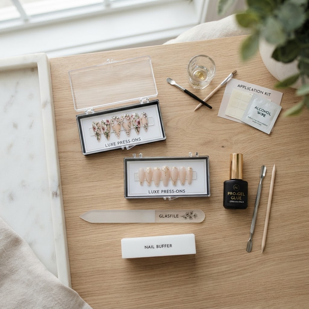 The essential toolkit for a professional-grade press-on manicure.