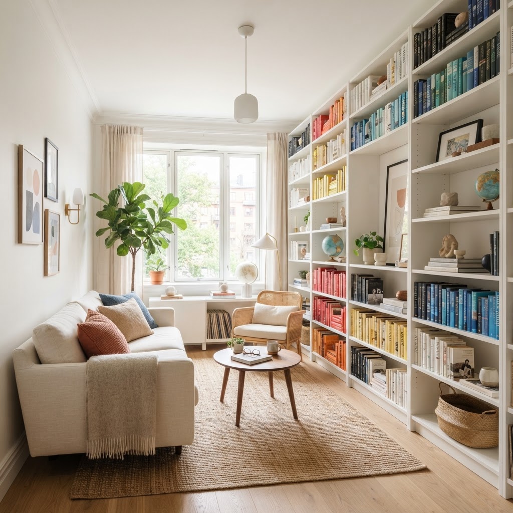 Floor-to-ceiling shelving draws the eye up and creates massive storage.
