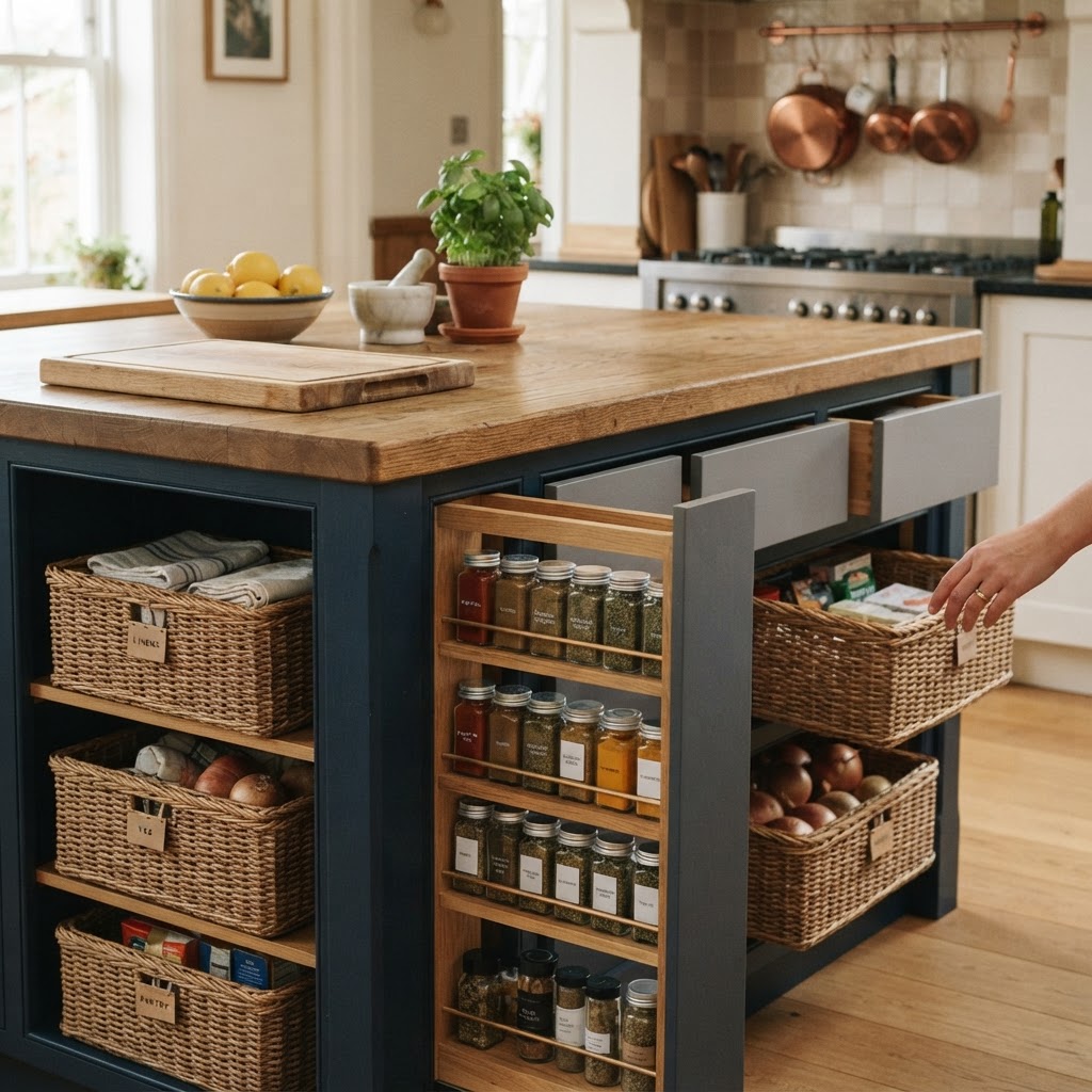 Smart storage solutions hidden within a compact island footprint.
