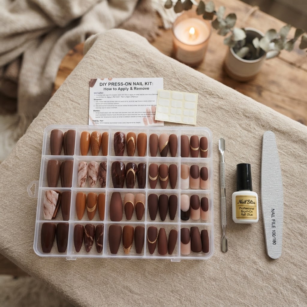 Everything you need for a professional DIY press-on nail manicure at home.