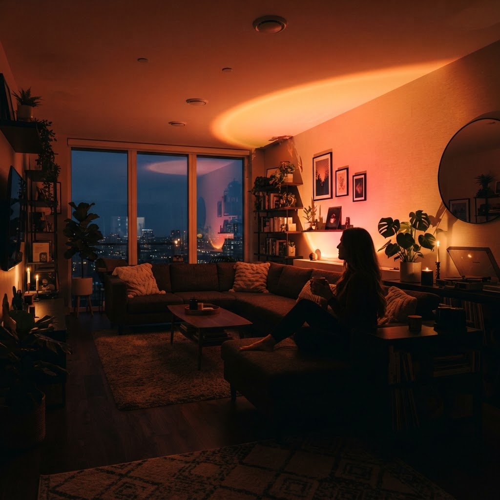Transforming a living room with layered ambient sunset lighting.