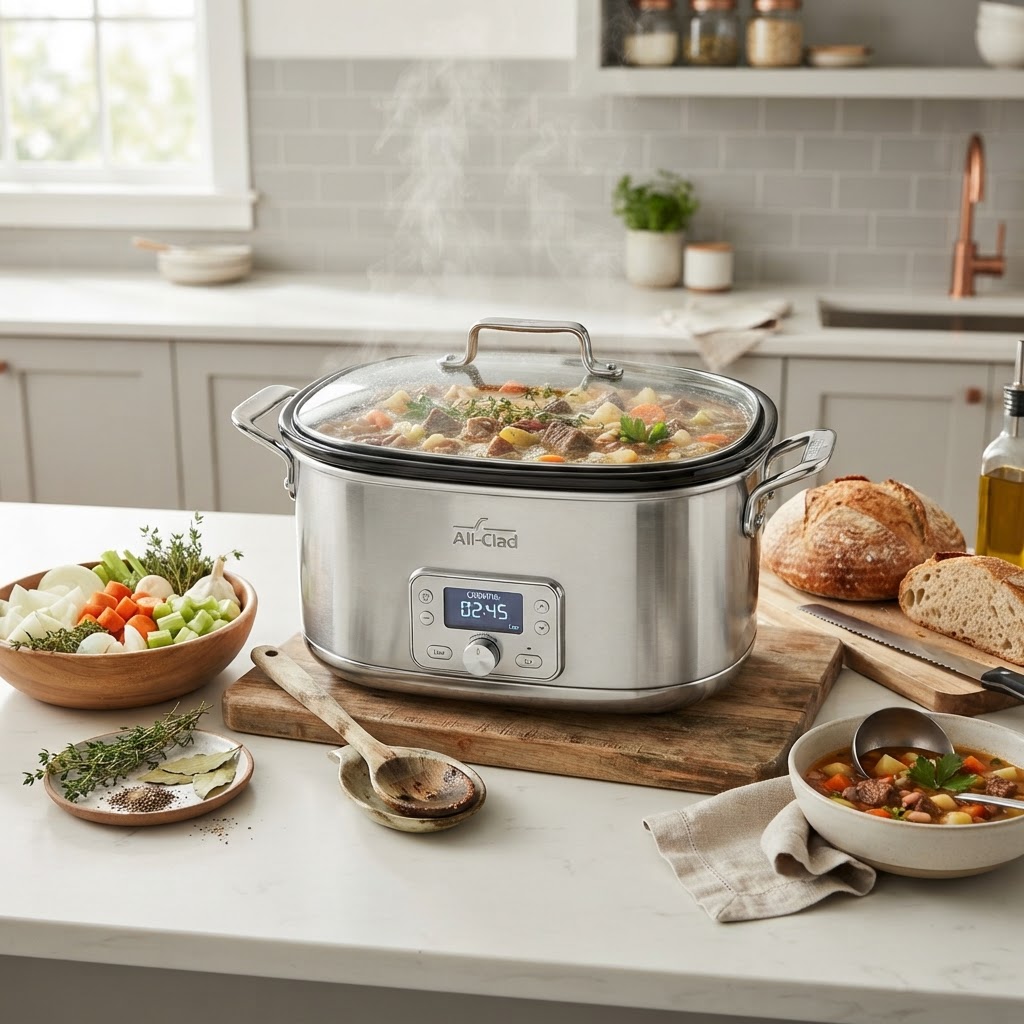 Setting up your slow cooker for a batch of easy homemade soup.